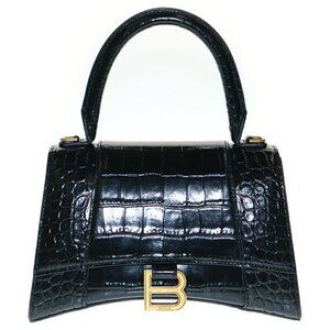 BALENCIAGA Logo Hourglass Crocodile Leather Shoulder Bag Black Annex